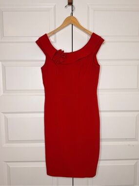 Calvin Klein Red Off-Shoulder Sheath Dress with Floral Accent